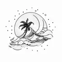 waves, sun, beach, palm tree tattoo design idea