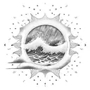 waves, sun, beach, palm tree tattoo design idea