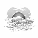 waves, sun, beach, palm tree tattoo design idea