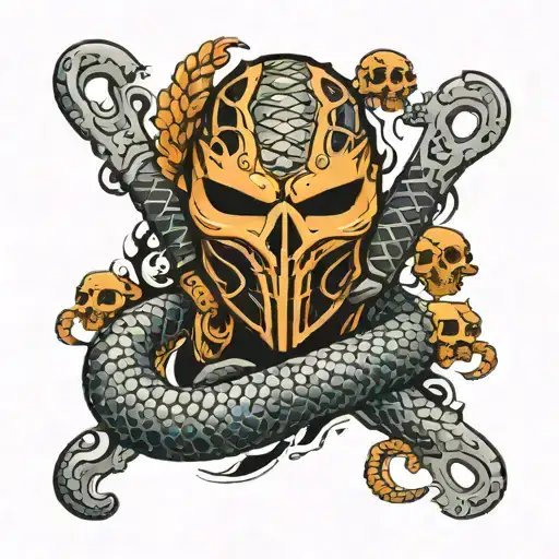 A tattoo with a orange python wearing a hockey mask surrounded by skulls. tattoo design idea