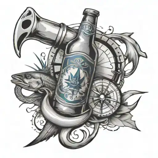 A san miguel beer bottle next to a fishing hook next to a compass  tattoo design idea