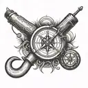 A fishing hook and a san miguel beer bottle and a compass tattoo design idea