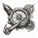 A fishing hook and a san miguel beer bottle and a compass tattoo design idea