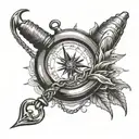 A fishing hook and a san miguel beer bottle and a compass tattoo design idea