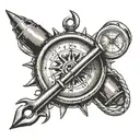 A fishing hook and a san miguel beer bottle and a compass tattoo design idea