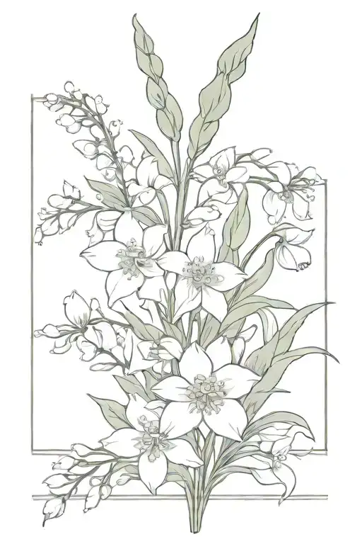lily of the valley, delphinium, poppy, daffodil flower bouquet  tattoo design idea