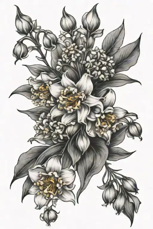 lily of the valley, delphinium, poppy, daffodil flowers with shading bouquet  tattoo design idea