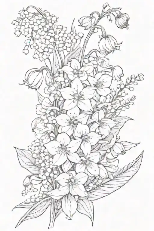 lily of the valley, poppy, daffodil, delphinium bouquet tattoo design idea