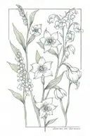 lily of the valley, delphinium, poppy, daffodil flowers with shading tattoo design idea