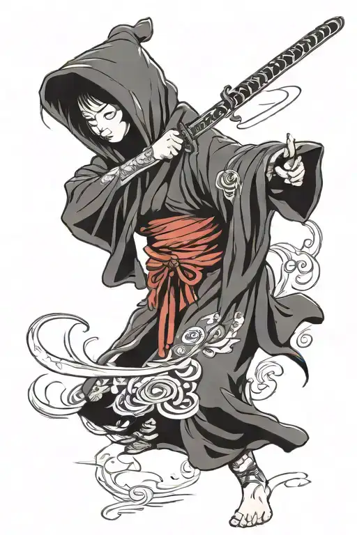 a skinny girl in a hooded cloak takes out a katana or sword tattoo design idea