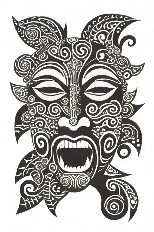 Maori mask with tongue sticking out, spirals, triangles, circles around tattoo design idea