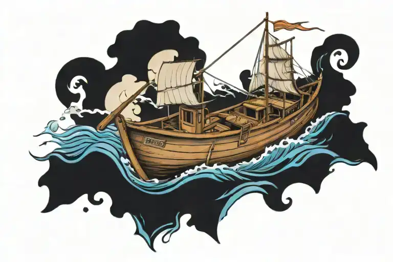 row boat going deep sea fishing tattoo design idea