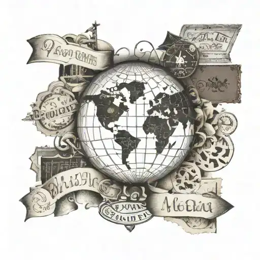A design featuring a globe surrounded by passport stamps from the countries you visited, with a banner that says 'Wanderlust' in elegant script tattoo design idea