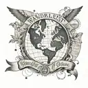 A design featuring a globe surrounded by passport stamps from the countries you visited, with a banner that says 'Wanderlust' in elegant script tattoo design idea
