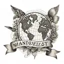 A design featuring a globe surrounded by passport stamps from the countries you visited, with a banner that says 'Wanderlust' in elegant script tattoo design idea