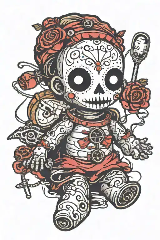 creepy voodoo doll with horror vibe and safety pins  tattoo design idea