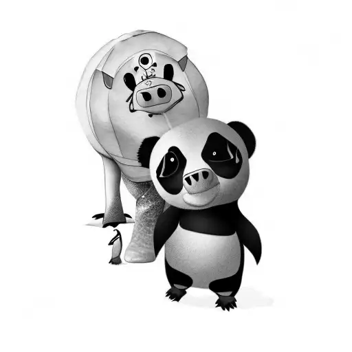 a panda, a pig dressed as a dinosaur and a penguin tattoo design idea