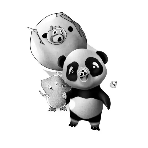 a panda, a cute pig dressed as a dinosaur and a penguin tattoo design idea