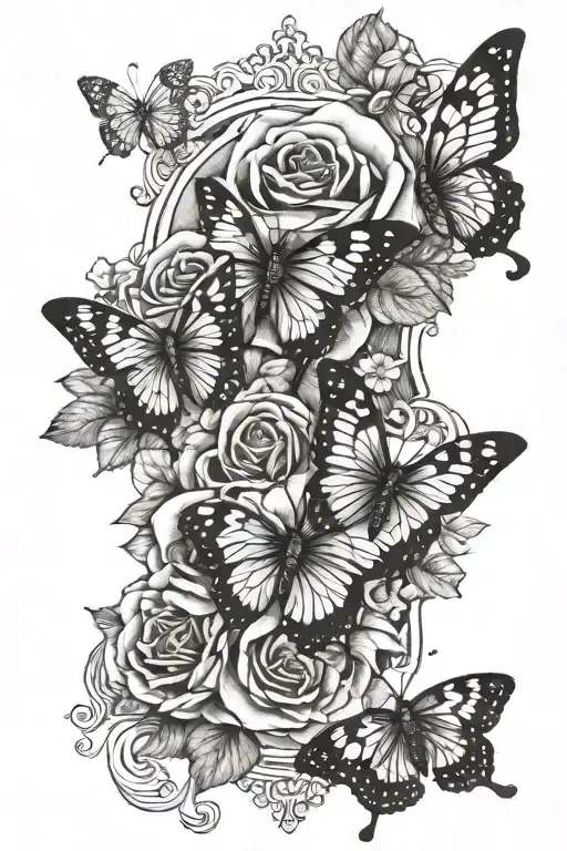 a circus rose  surrounded by three butterflies sm vertical tatoo tattoo design idea