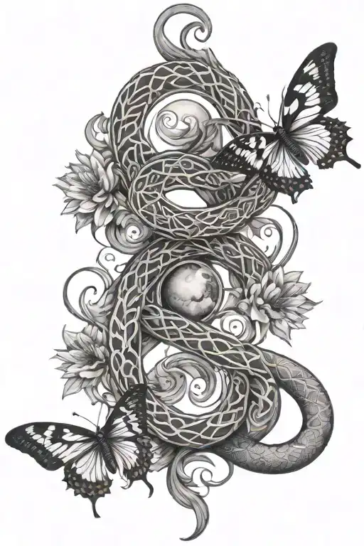two serpents intertwining with butterflies in the middle and a sun at the very top and a moon at the very bottom  tattoo design idea