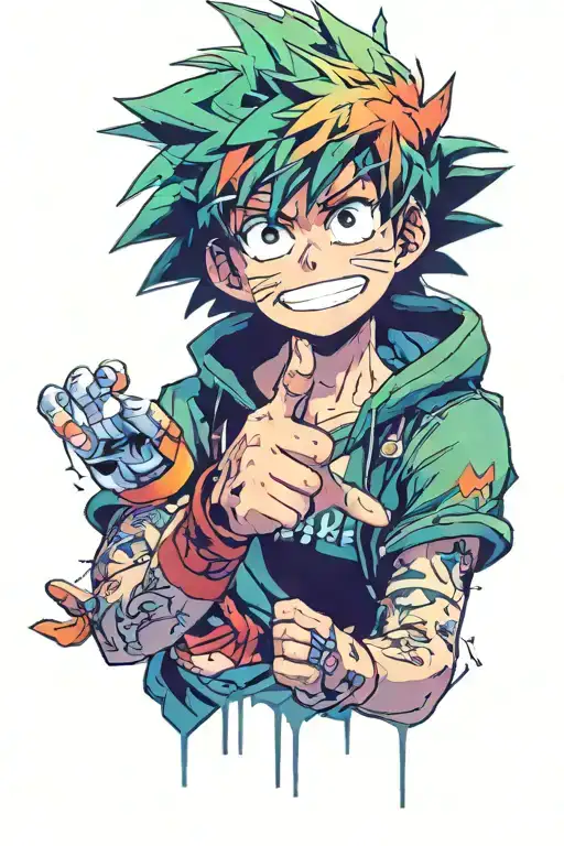 deku half body on one finger, Todoroki both halves on two fingers, Bakugo half on another  tattoo design idea