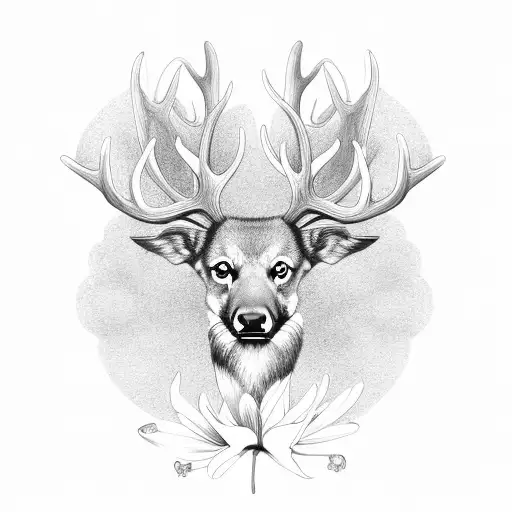 Elk with military dog tags hanging off of antlers, surrounded by stargaver lilies, daisys, frangipani, Asiatic Lilies tattoo design idea