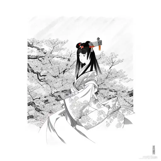 An anime-inspired geisha surrounded by cherry blossom trees tattoo design idea