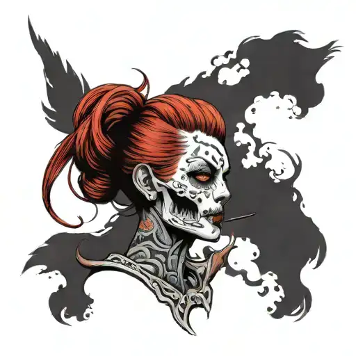 Red haired woman with half skull head profile holding tattoo design idea