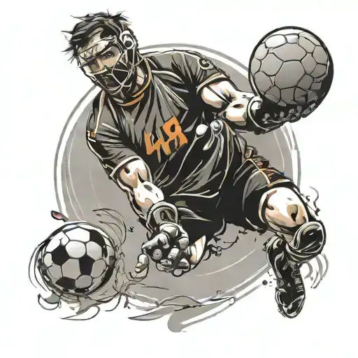A stylized handball goalkeeper in action, with the handball ball flying towards the goal tattoo design idea