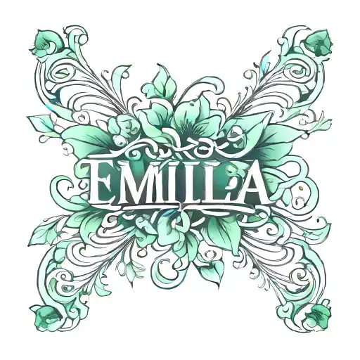 Emilia name spelled out with Jade flower vines wrapped around lettering and hanging tattoo design idea