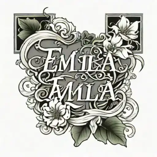 Emilia name spelled out with Jade flower vines wrapped around lettering and hanging tattoo design idea