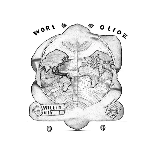 A tattoo of a world map with wine bottles and jiu jitsu gi patches marking the client's favorite travel destinations and jiu jitsu training locations tattoo design idea