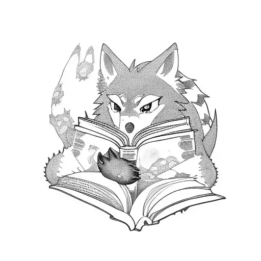 An anime-inspired scene of a student reading a book with a wolf and a dragon by their side tattoo design idea