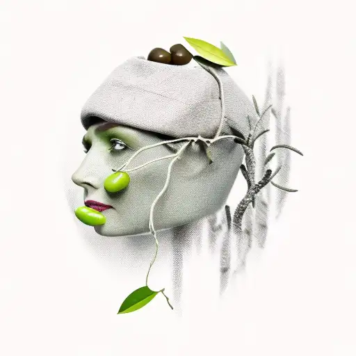 gray Olive Branch with two olives, one olive is green, and second olive is actually olive's (popeye's wife) head tattoo design idea