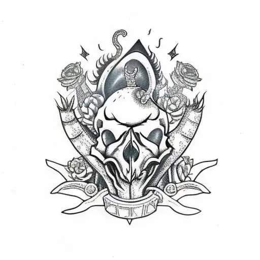 dragon skull with succulents and jewels and mushrooms tattoo design idea