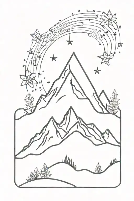 Whimsical wildflowers blazing fire three peak mountain under starry sky tattoo design idea