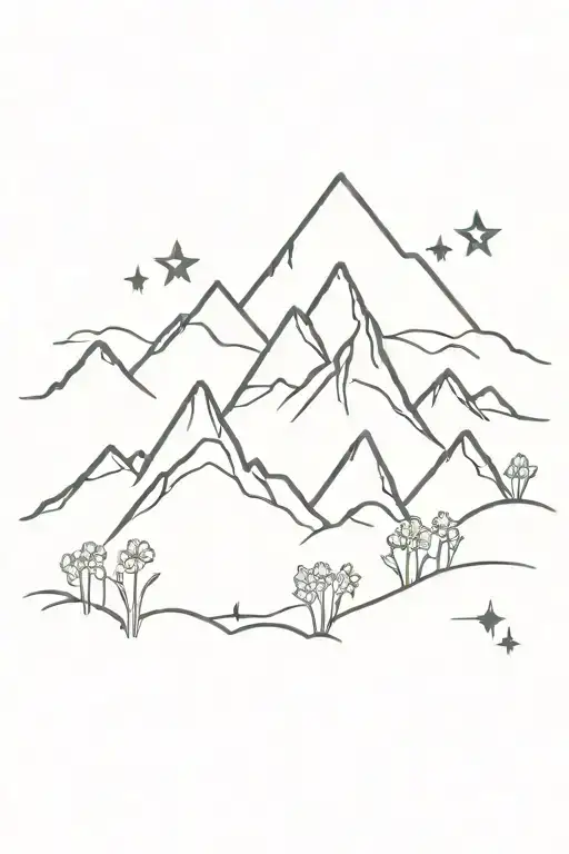 wild flowers blazing fire mountain three peaks under starry sky tattoo design idea