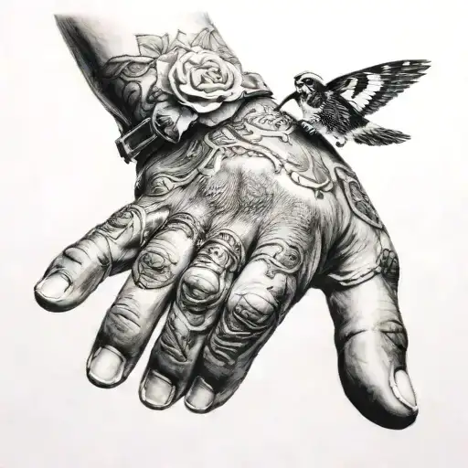 a hand with a ring on the ring finger and missing the pointer finger  tattoo design idea