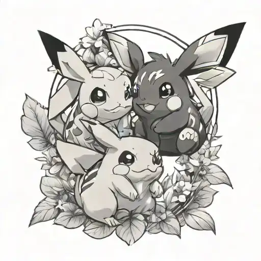 A black-grey tattoo of Pikachu and Bulbasaur playing together in a serene garden setting tattoo design idea