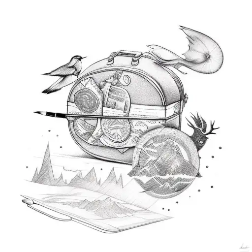 A sketch-style tattoo of a suitcase filled with animal silhouettes and travel essentials tattoo design idea