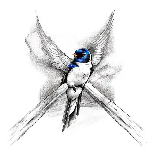 A sketch-style tattoo of a barn swallow perched on a Finnish flagpole tattoo design idea
