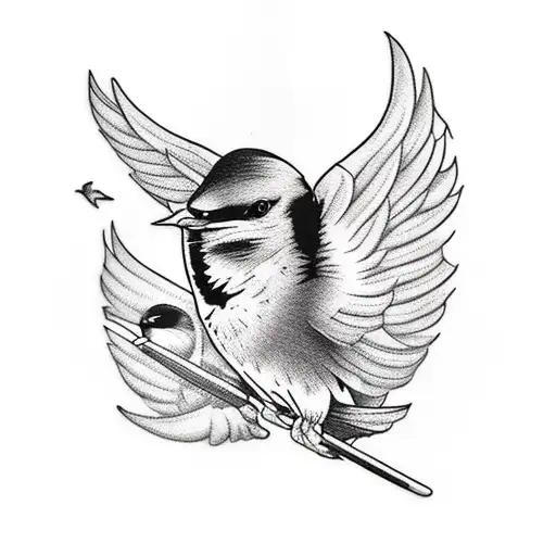 An intricate tattoo of a Finnish teacher driving a race car with barn swallows flying overhead tattoo design idea