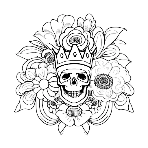 side perspective of a skull wearing a crown of flowers tattoo design idea