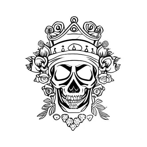 side perspective of a skull wearing a crown with flowers on top tattoo design idea