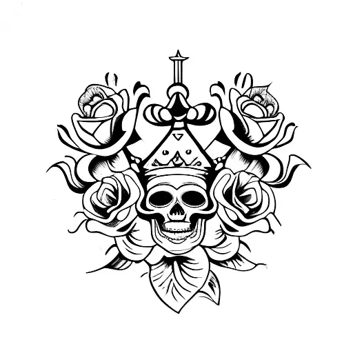 side perspective of a skull wearing a crown with flowers on top tattoo design idea