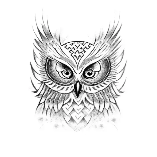 mistyc Owl with open wings and blank eyes stared from side, inside the owl 53 stars tattoo design idea