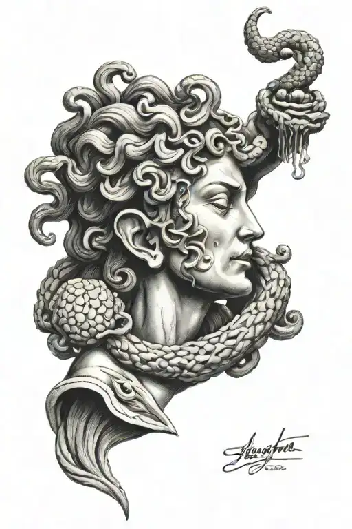 Medusa statue holding perseus' severed head profile holding tattoo design idea