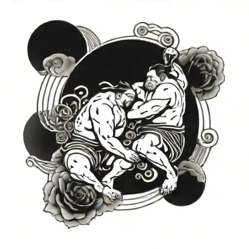 A sumo wrestler and a samurai engaged in a fierce battle, surrounded by celtic knots and roses tattoo design idea