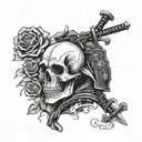 A samurai warrior holding a rose in one hand and a skull in the other, surrounded by hardcore punk music symbols tattoo design idea