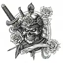 A samurai warrior holding a rose in one hand and a skull in the other, surrounded by hardcore punk music symbols tattoo design idea